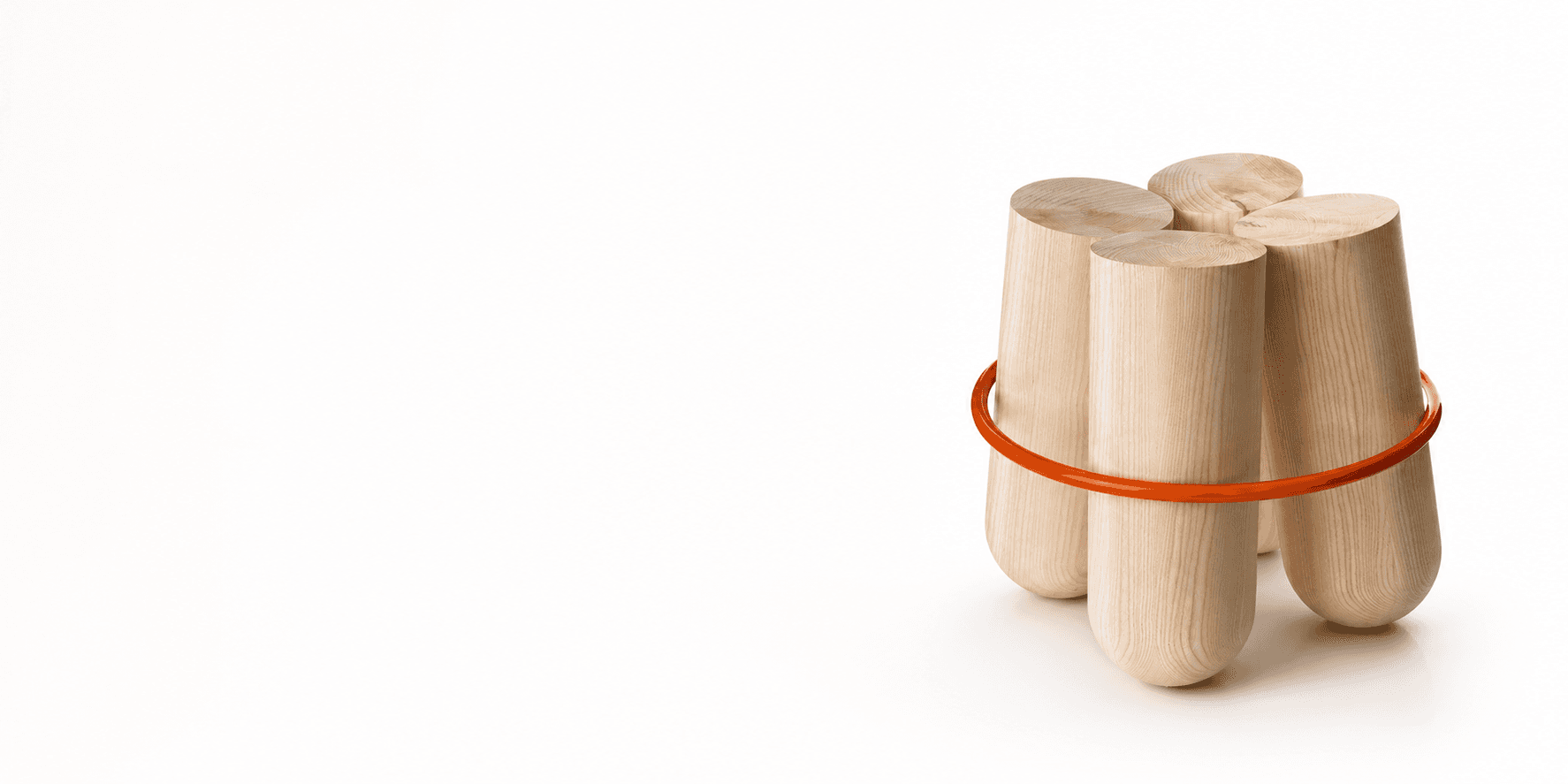 A bundled solid-oak stool bound with an orange ring
